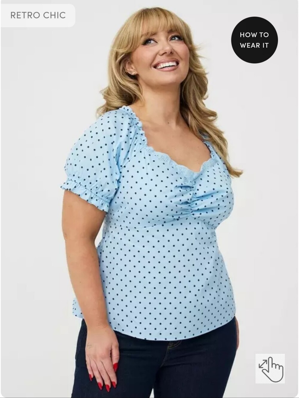 New Torrid 1X(14/16) Retro Chic Sweetheart Puff Sleeve Peplum Top-Lt Blue Dots